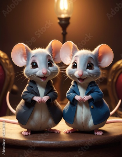 A pair of delightful animated mice  clad in elegant evening jackets  engage in a lively conversation in a classic interior scene.