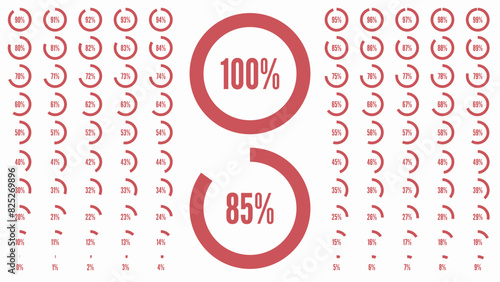Percentage circle diagrams from 0 to 100. Red signs. Big percent collection for user interface UI or business infographic. Set of icon for infographic. Vector illustration.