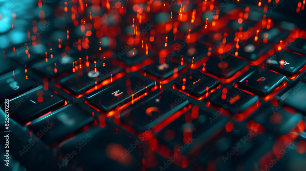 Computer keyboard illuminated numeric code, black and red colors. programming, Internet systems, coding.	
