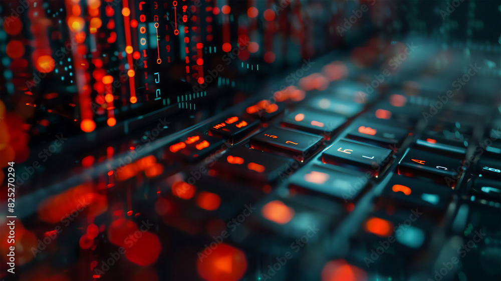 Computer keyboard illuminated numeric code, black and red colors. programming, Internet systems, coding.
Computer keyboard illuminated numeric code, black and red colors. programming, Internet systems, coding.