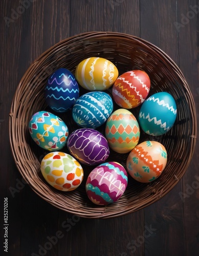 A wicker basket filled with vibrantly painted Easter eggs featuring various patterns on a dark wood surface.