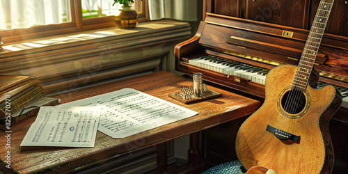 Music Maestro: A cozy desk with a guitar, piano, and sheet music, symbolizing the dedication and artistry of a musician composing and performing soul-stirring melodies photo