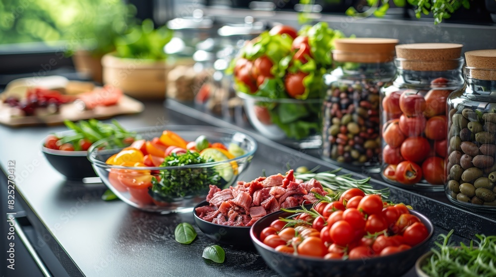 assorted meat alternatives displayed beside a salad bowl on a kitchen counter, exemplifying a healthy eating concept banner assorted meat alternatives displayed beside a salad bowl on a kitchen counter, exemplifying a healthy eating concept banner