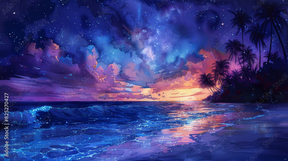 A vibrant, fantastical sunset over a tropical beach, with a starry sky and crashing waves. A vibrant, fantastical sunset over a tropical beach, with a starry sky and crashing waves.