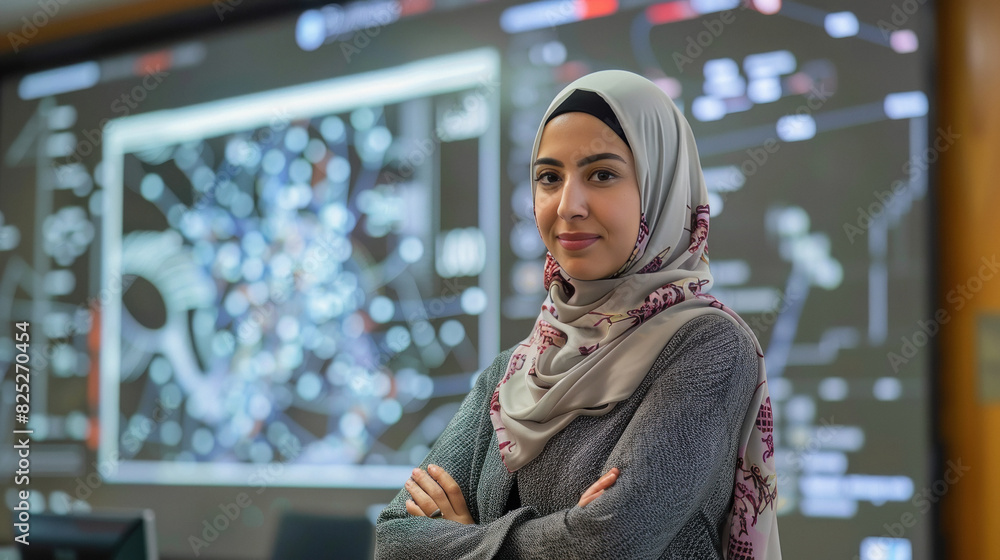 woman in hijab standing with digital hologram woman in hijab standing with digital hologram