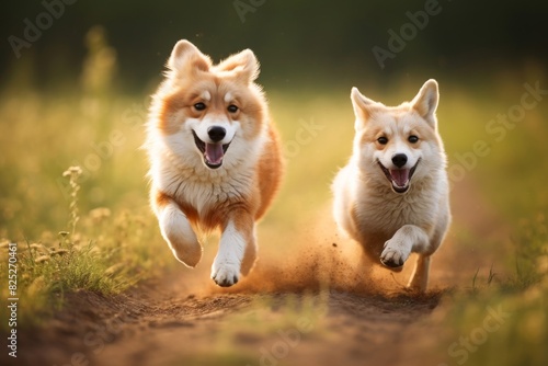 Two furry dog and cat friends chasing each other through a field photo