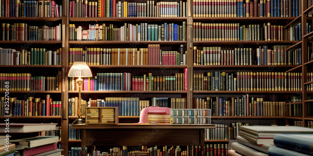 Librarian's Stacks: A compact desk amidst bookshelves, with a card catalog and reading glasses, picturing a librarian working in a library Librarian's Stacks: A compact desk amidst bookshelves, with a card catalog and reading glasses, picturing a librarian working in a library