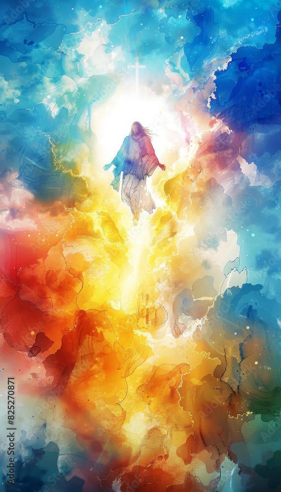 Abstract painting of a figure ascending into a colorful sky, representing hope, faith, and spiritual journey.