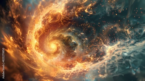 A scene of a particle fire whirl, with a background of particles of matter and energy