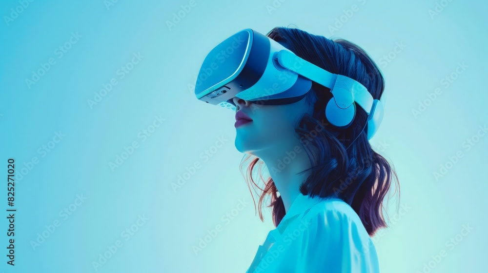 Against a calming light blue backdrop, a woman with VR goggles engages with the metaverse, highlighting a futuristic lifestyle where technology Against a calming light blue backdrop, a woman with VR goggles engages with the metaverse, highlighting a futuristic lifestyle where technology