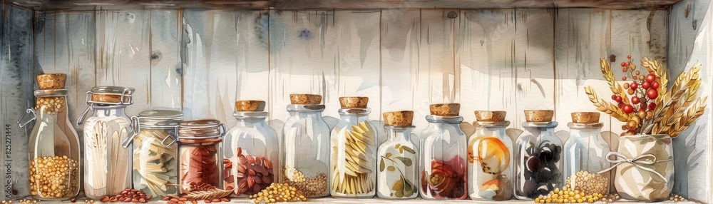 Collection of glass bottles and jars arranged on a rustic wooden shelf. Collection of glass bottles and jars arranged on a rustic wooden shelf.