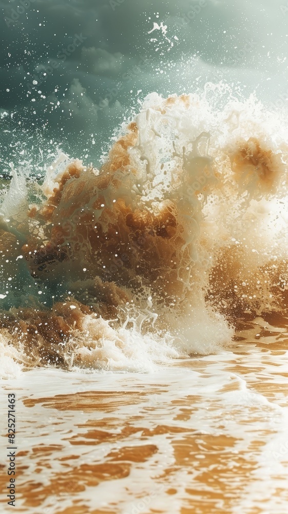 Dramatic wave crashing on a sandy beach under a stormy sky. Dramatic wave crashing on a sandy beach under a stormy sky.