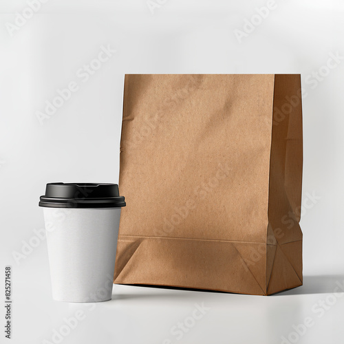 paper bag package and white paper cup mockup photo