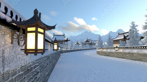 Wallpaper Mural Frosty Silence: Snow Covered Street Along Stone Wall Torontodigital.ca