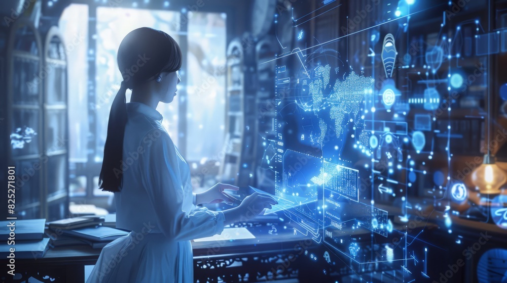 In a modern office with expansive windows, a girl in 3D glasses interacts with floating hexagons and other geometric figures, blending reality with virtual elements. In a modern office with expansive windows, a girl in 3D glasses interacts with floating hexagons and other geometric figures, blending reality with virtual elements.