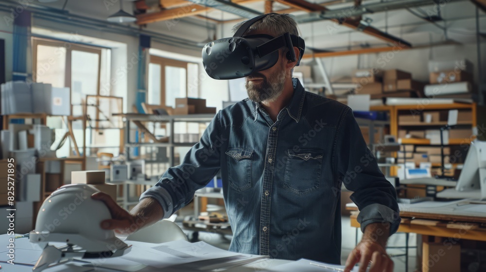 In the heart of a bustling design studio, a Caucasian architect uses VR headsets to perfect a new building project In the heart of a bustling design studio, a Caucasian architect uses VR headsets to perfect a new building project