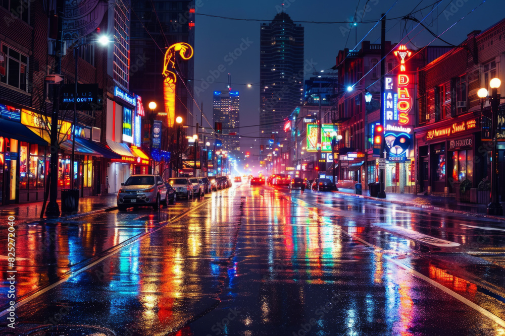a busy city street at night with vibrant neon lights and reflections on wet pavement, capturing urban energy and modernity.