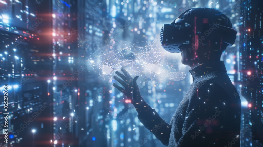 Standing tall with a white VR headset in place, a woman embarks on a journey into the metaverse, utilizing future technology Standing tall with a white VR headset in place, a woman embarks on a journey into the metaverse, utilizing future technology