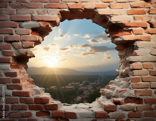 Hole on a broken brick wall background