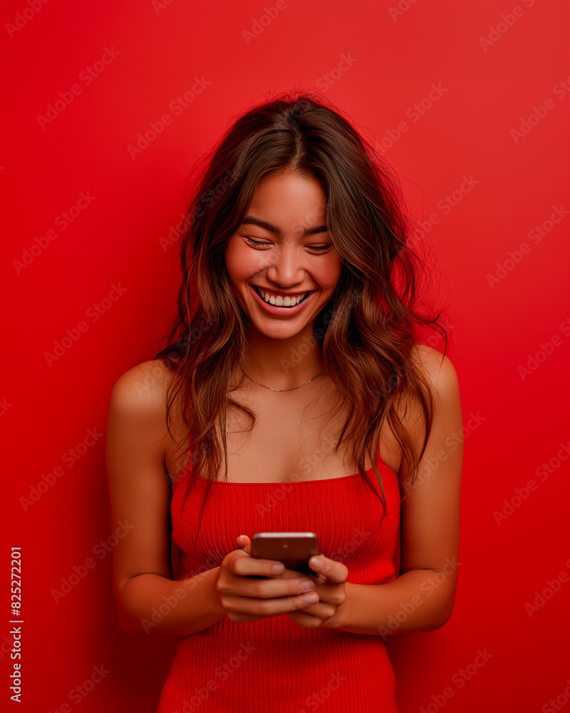 woman texting on her phone with red background woman texting on her phone with red background