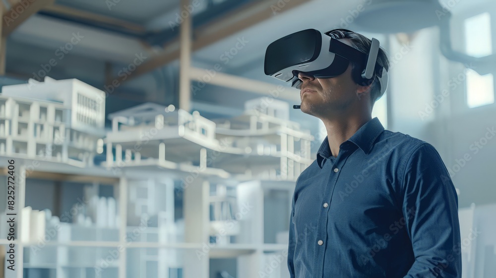 Utilizing VR technology, a Caucasian architect refines complex building designs. The civil engineer's virtual reality work Utilizing VR technology, a Caucasian architect refines complex building designs. The civil engineer's virtual reality work