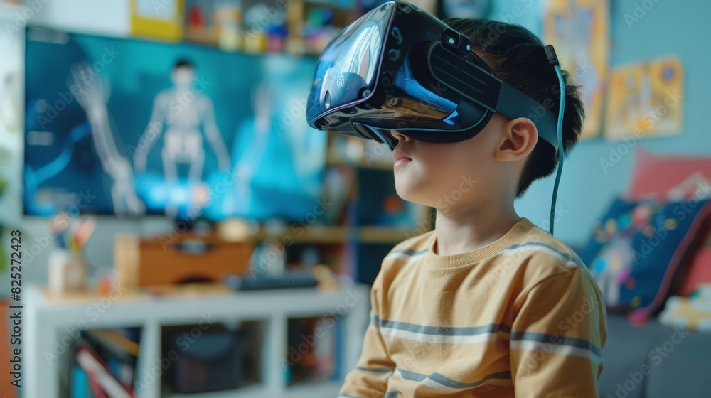 With a sense of wonder and enthusiasm, an Asian little boy embraces the possibilities of online learning, using VR glasses to delve into the complexities of human body With a sense of wonder and enthusiasm, an Asian little boy embraces the possibilities of online learning, using VR glasses to delve into the complexities of human body