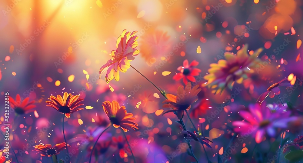 Vibrant Flower Meadow with Floating Petals in Sunlight