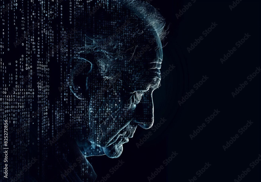 Profile of Elderly Man with Digital Code Overlay Profile of Elderly Man with Digital Code Overlay