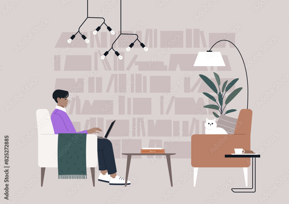 Fototapeta premium A person is working on a laptop in a cozy library, accompanied by a cat on a nearby chair, with modern lighting and bookshelves in the background
