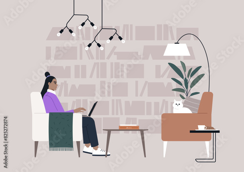 A person is working on a laptop in a cozy library, accompanied by a cat on a nearby chair, with modern lighting and bookshelves in the background