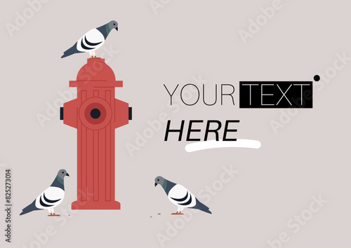 Three pigeons rest on and around a red fire hydrant, accompanied by customizable text space on a soft beige background