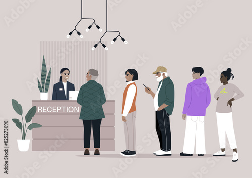 A group of five diverse individuals stand in a line at a reception desk, engaging in varied activities like using a phone, talking, and waiting their turn