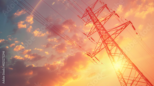 High voltage electricity tower power poles lines producing electricity with sky sunset landscape industrial background