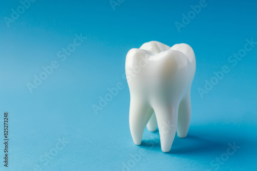 a dental model with a pristine white tooth  set on a blue background. Emphasis on dental anatomy and care