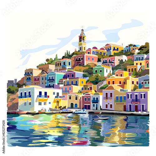 Sunny view of ano symi with colorful houses and clocktower, dodecanese islands, greece isolated on white background, realistic, png
 photo