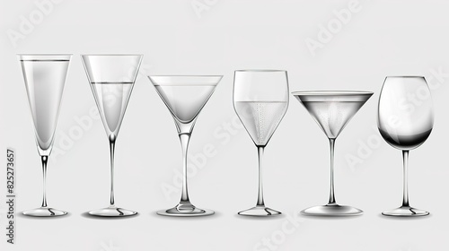 Elegant set of glassware for various drinks on a light gray background