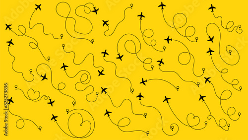 Aircraft tracking, plane path, travel, map pins, location pins. Airplane or aeroplane routes path set. Travel concept from start point and dotted line tracing. Vector illustration. Yellow background.