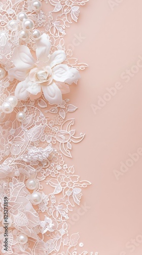Delicate white lace and lustrous pearls frame a soft pink background, evoking elegance and romance, perfect for a bridal shower invitation or wedding theme. Flat lay, top view, copy space.