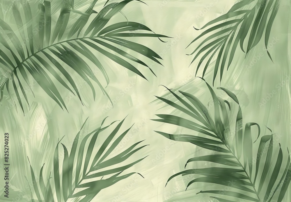 Artistic Green Palm Leaves with Soft Shadows on Light Background