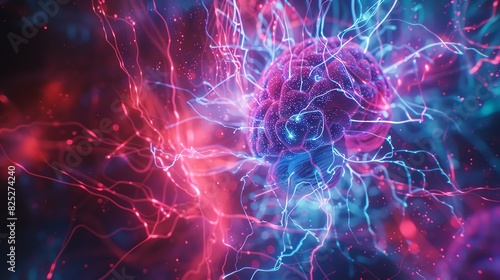 A vibrant  abstract visual representation of a human brain with glowing  neon-red and blue neural connections on a dark background.