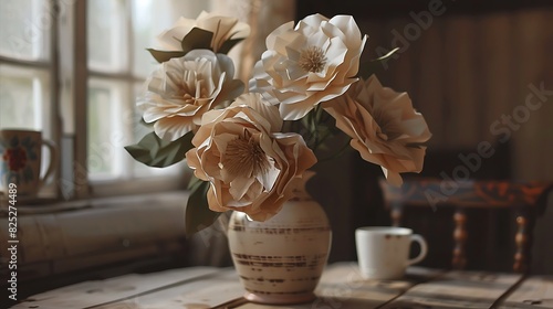 On the table a beautiful vase with handmade flowers made of coffee percolator paper photo