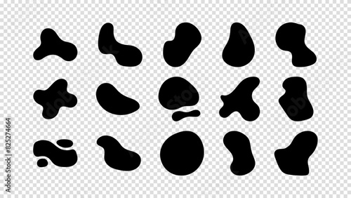 Liquid shapes, round abstract elements. Simple blotch water forms. Abstract organic black fluid blobs irregular shapes set of collection for speech bubbles. Vector illustration on a transparent bg.