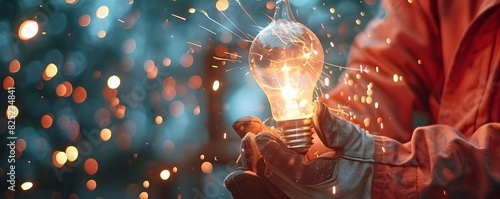 Embracing Innovative Potential A Worker Holds a Cracked Lightbulb Emitting Sparks of