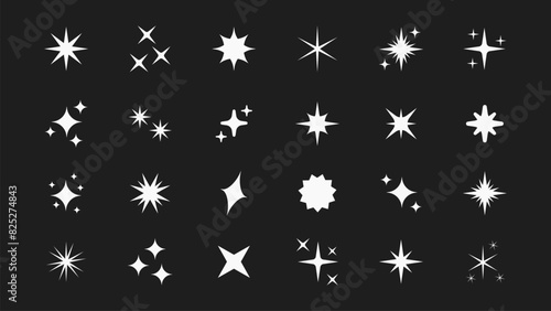 Retro futuristic bright vector icons collection. Set of original star sparkle shapes. Abstract shine effect vector sign. Glowing light effect, twinkle templates stars and bursts, shiny flash.