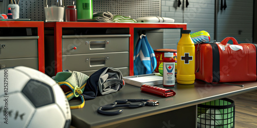 Athlete's Locker Room: A utilitarian desk with sports equipment, a first aid kit, and a sports drink, suggesting an athlete's private space in a team locker room. photo