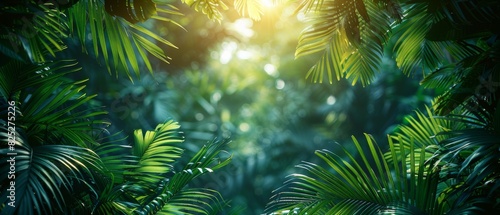 Background Tropical. Amidst the verdant canopy  vibrant birds flit about  their colorful plumage adding splashes of brilliance to the emerald tapestry below.