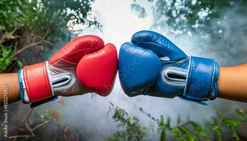 Closeup two man hands in red and blue boxing gloves hitting each other on isolated dark misty background photo