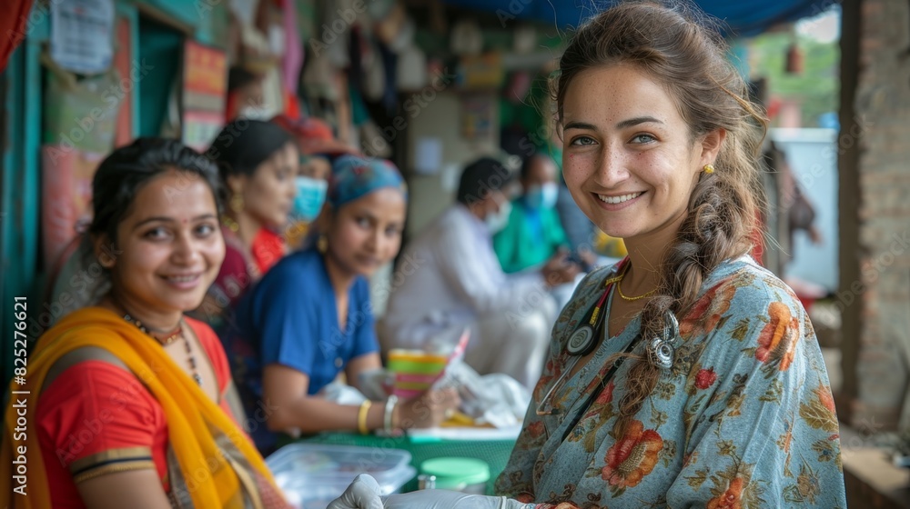 Obraz premium community healthcare initiatives, in a busy medical camp in india, a devoted team of doctors and nurses tirelessly offer free healthcare to underprivileged communities
