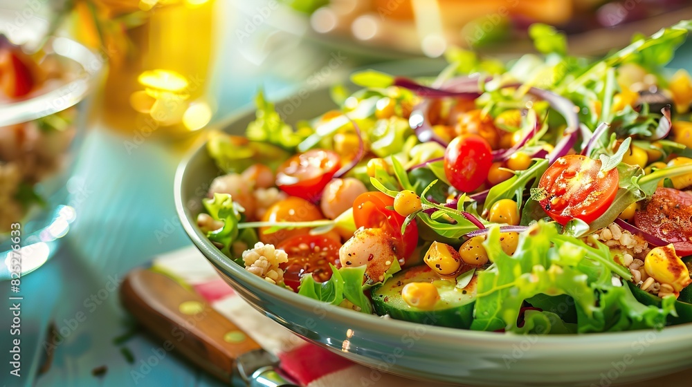 Superfood Salad: Image of salad that is based on grains such as protein from tenderized meats, soybeans, and seeds. Serve with delicious sauce.