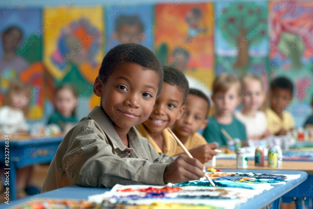 a multicultural group of children learning to paint in an art class a multicultural group of children learning to paint in an art class